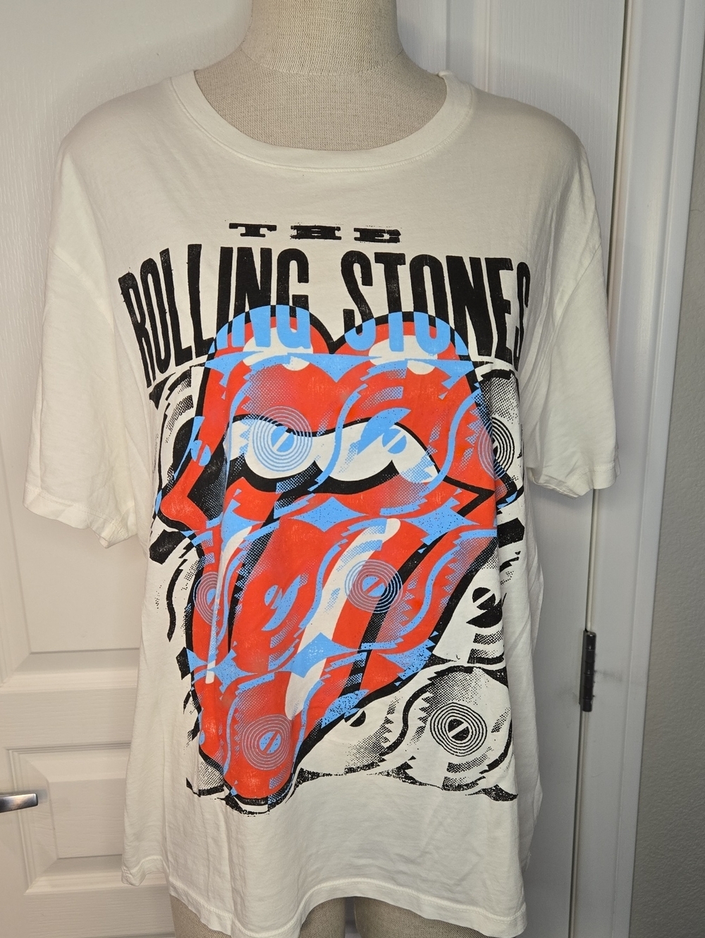 the Rolling Stones White Tee with Red & Light Blue Tongue Graphic